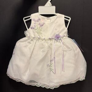 NWT La Princess White Baby Dress w/ Purple & Green Floral Embroidery. 6-9 months